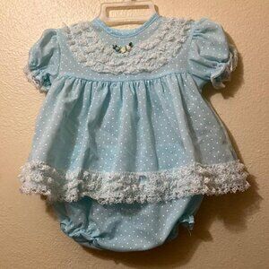 Vintage Unbranded Light Blue Polka Dot Lace Accent Dress & Bloomer Set Size 3-6m